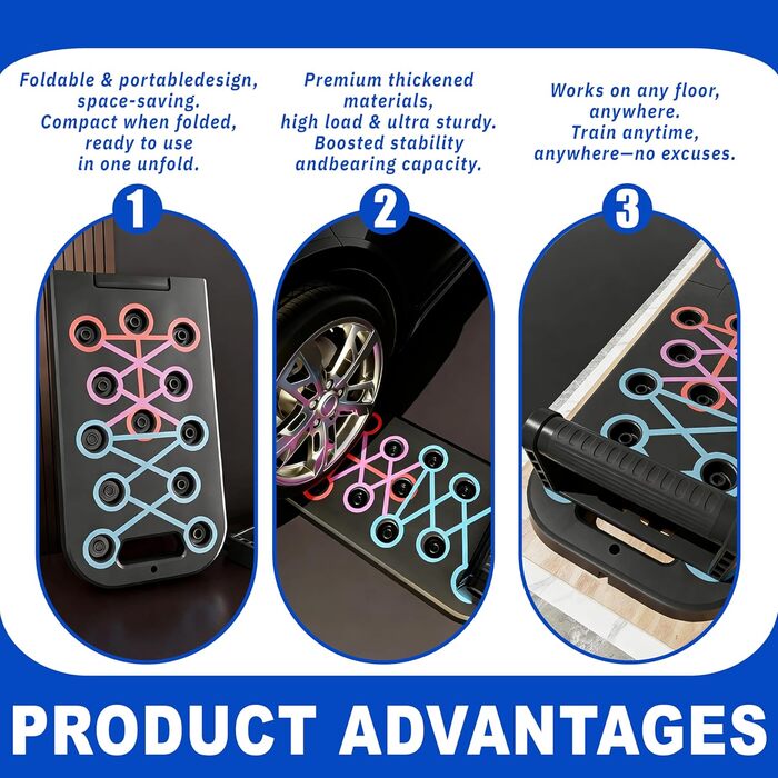 Преміум набір для віджимань 12-в-1 Push Up Board: інноваційна складана дошка для віджимань з регульованими ручками та 2 еластичними стрічками для тренувань вдома та нарощування м'язів