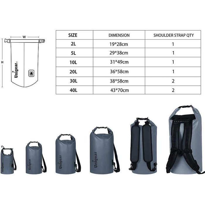Водонепроникний мішок Unigear Dry Bag 30L (2L/5L/10L/20L доступні) - рюкзак, сумка для риболовлі, каякінгу, кемпінгу, сірого кольору