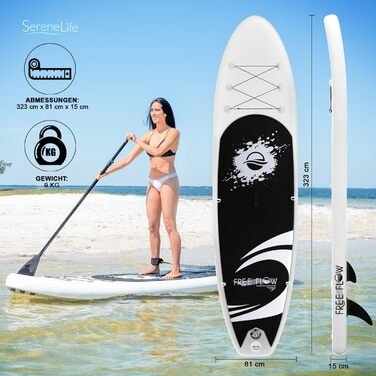 Надувна SUP-дошка SereneLife з повним комплектом аксесуарів: весло, насос, антиковзке покриття, рюкзак для перенесення, для дітей та дорослих, чорна та сіра