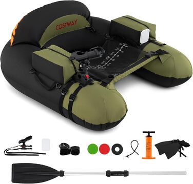 Надувний човен FANTASK для риболовлі з насосом, алюмінієвим веслом та ластами, регульованим утримувачем для вудки, статором для гачків, для дорослих, зелений