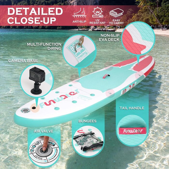 Надувна SUP-дошка FunWater для серфінгу, комплект: весло, насос, рюкзак, страхувальний шнур, водонепроникна сумка, для дорослих, рожева
