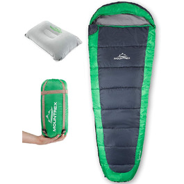 Сплячий мішок MOUNTREX® – ультралегкий та компактний (850г) – для відпочинку на природі, літній спальний мішок, мумієподібний (205x75 см) – малий об'єм при згортанні, легкий – для підлітків та дорослих + подарунок: надувне зелене подушечка для подорожей