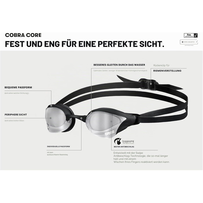 Окуляри для плавання Arena Cobra Core Swipe Mirror Unisex - дзеркальні, антифог, UV-захист, 5 носових перемичок, чорний