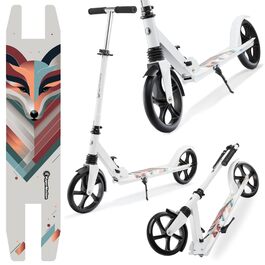 Самокат дитячий та підлітковий HyperMotion Vibe білий з лисячим малюнком, алюмінієвий, складний, до 100 кг, колеса 200 мм, ABEC-7