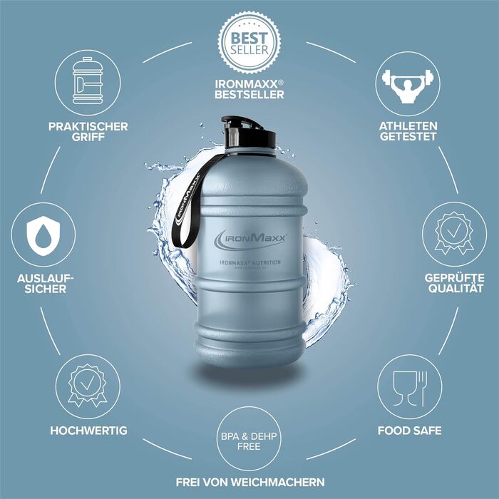 Водна пляшка IronMaxx 2200 мл, без BPA та DEHP, з мірною шкалою, вибір кольорів (Frosted Kyanite Blue)