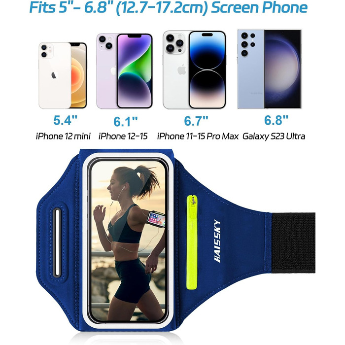 Спортивна сумка для телефону на руку Razobws з відділенням для навушників, підходить для iPhone 17 16 15 14 13 12 11 Pro Max, Galaxy S24 S23 Ultra, чорний/морський блакитний (до 6.8 дюймів)