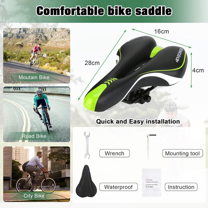 Велосипедний сідло ENJOHOS: водонепроникне, для MTB, трекінгу, шосе, зелене