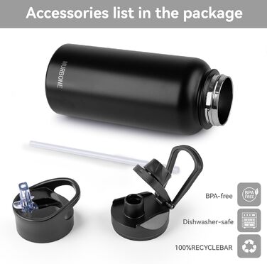 Термос пляшка з нержавіючої сталі 1 л з 2 кришками, трубочкою, BPA Free, вакуумна, подвійна ізоляція, не протікає, підходить для газованих напоїв, для спорту, подорожей, кемпінгу