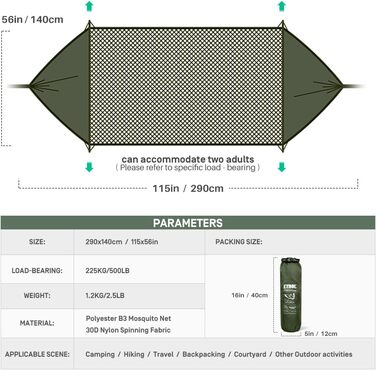 Гамак туристичний ETROL для 2 осіб з москітною сіткою, 290x140 см, 500LB, 3-в-1 (тент, гамак, намет) для кемпінгу, трекінгу, пляжу, саду, оливковий