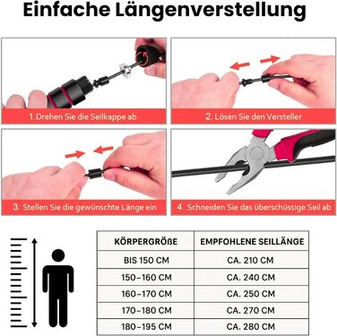 Стрибкове канат ALPHA PULL® з регулюванням - для фітнесу, тренувань, дорослих та дітей - з антиковзними ручками (червоний/чорний)