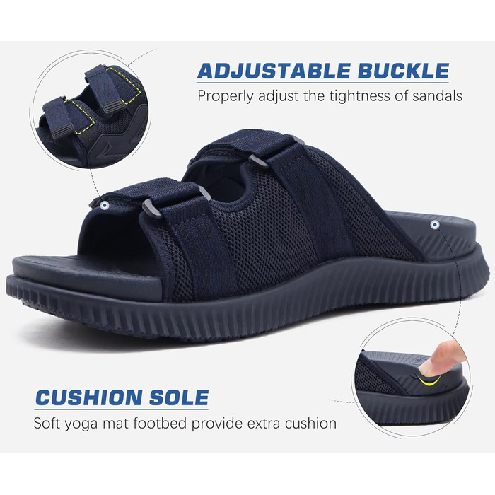 Чоловічі спортивні сандалії KuaiLu з м'якою устілкою, ортопедичні для фасціїту, Outdoor, Wander, легкі, відкриті пальці, регульована липучка, сланці (Морський, 45 EU)