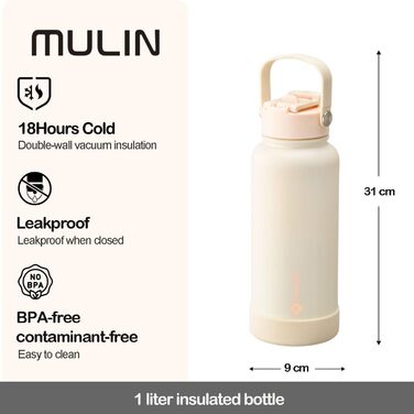 Термос MULIN з нержавіючої сталі, 1 л, пляшка для води, BPA-Free, для газованої води, ізольована з трубочкою, герметична, для дітей, спорту, фітнесу
