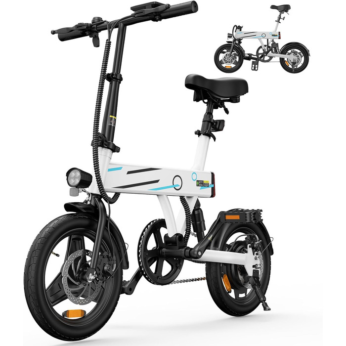 Складний електровелосипед Finbike 14/16 дюймів, 250Вт, акумулятор 7.8Аг, швидка зарядка, 3 режими швидкості, до 45 км, для дорослих і підлітків, біло-синій