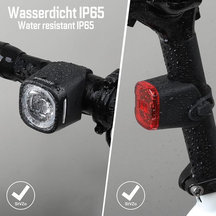 Набір велоліхтарів ADDVIEW, сертифікований StVZO, LED, IP65, водонепроникний - передній + задній ліхтар, USB Type-C, монтаж без інструментів, Twins