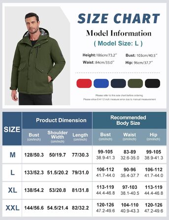 Зимова куртка для чоловіків, водонепроникна, тепла, з капюшоном та компасом (M) - Military Green