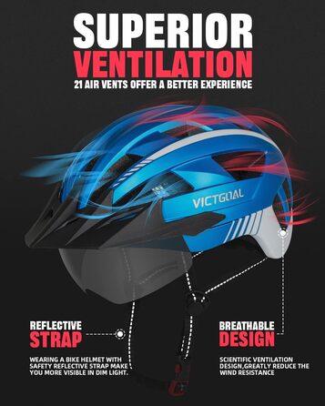 Велосипедний шолом VICTGOAL MTB з магнітним візором, LED підсвіткою, знімним козирком, для дорослих чоловіків і жінок, металево-синій, розмір L (57-61 см)