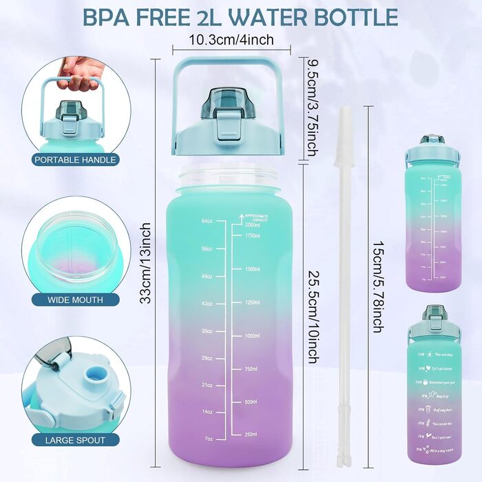 Спортивна пляшка для води MOMSIV 2L з трубочкою та відсіком для фруктів, з мітками часу, чорна, витіювання зелено-фіолетове