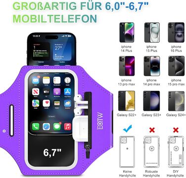 Спортивний браслет EOTW для телефону: фіксатор на руку з кишенькою для AirPods, сумісний з iPhone 16/15/14/13 Pro, Galaxy S24/S23/S22 (5.5'-6.0' та 6.0'-6.7')