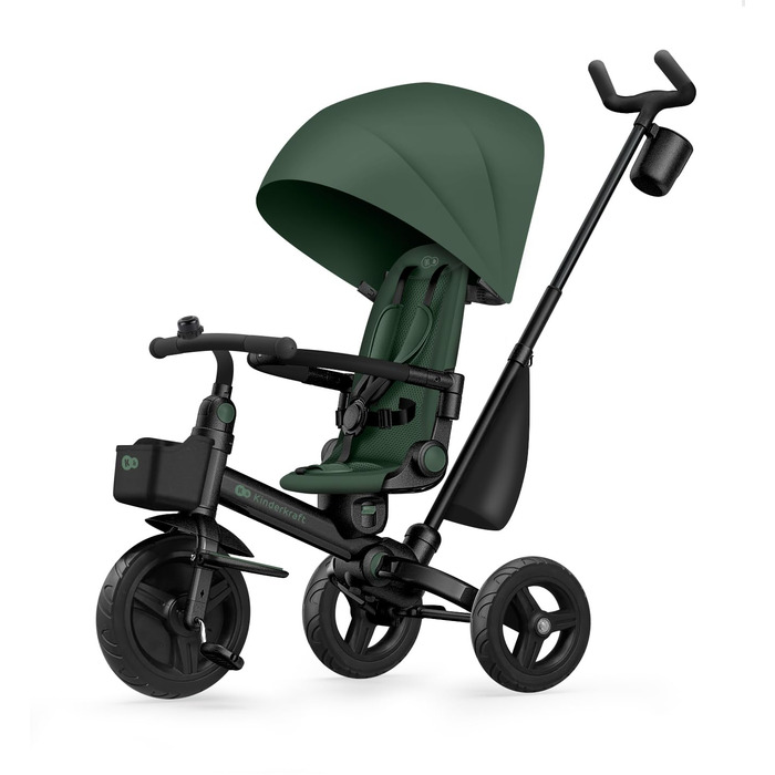 Триколісний велосипед Kinderkraft Aveo для дітей від 9 місяців до 25 кг, з батьківською ручкою, компактно складається, обертовий сидіння, розкладний капюшон з сонцезахистом, з тримачем для напоїв та кошиком, Рожевий