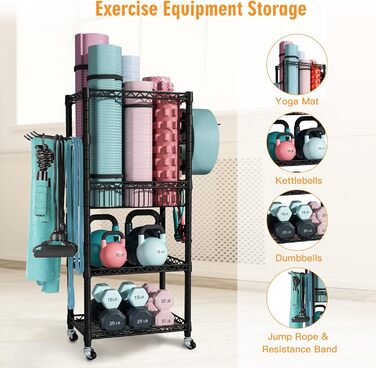 Органайзер для домашнього спортзалу FUTASSI, 3 яруси, з колесами для тренажерів, килимків, ролерів, гантелей, гир та еластичних стрічок, чорний, однорядний