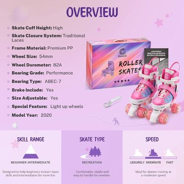 Розкладні роликові ковзани Gonex з підсвічуванням для дівчаток, хлопчиків, дітей та дорослих (B-STERN ROSA, розмір 31-34)