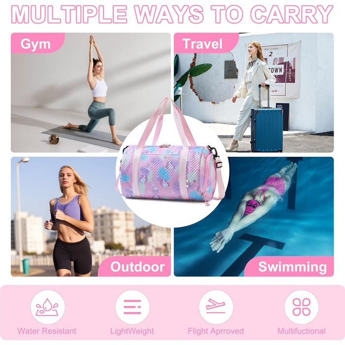 Спортивна сумка для дівчаток з єдинорогом, водонепроникна сумка для плавання з відділенням для взуття та мокрих речей, маленька дамська сумочка, спортивна сумка для подорожей, фітнесу, школи, плавання, рожева