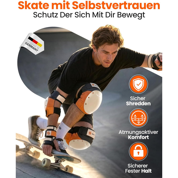 Захисний набір для роликів SKATEWIZ SHIELD (6 предметів) для дорослих та підлітків, неопренові фіксатори, розмір L, колір Sunrise Orange