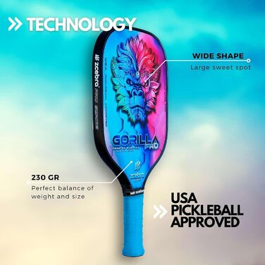 Ракетка для піклболу ZCEBRA Gorilla Pro Rainbow, графітова, 16 мм, поліпропіленовий стільниковий сердечник, текстурована поверхня, чохол неопрений