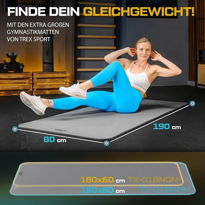TREX SPORT Килимок для гімнастики та фітнесу | Товстий та м'який, 190x80x1 см, з ручкою для перенесення, неслизький, сірий | Килимок для йоги