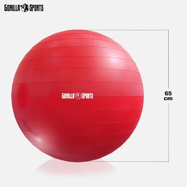 Фітнес м'яч GORILLA SPORTS 65 см червоний – анти-вибуховий, до 500 кг, для йоги, фітнесу, офісу, з насосом