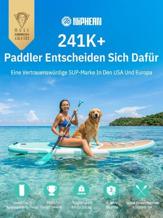 Надувне SUP-борд Niphean Stand Up Paddle Board з сидінням та аксесуарами, 320 см, для 2 осіб, 200 кг, StabilTrac-фін, Cool Mint Wood
