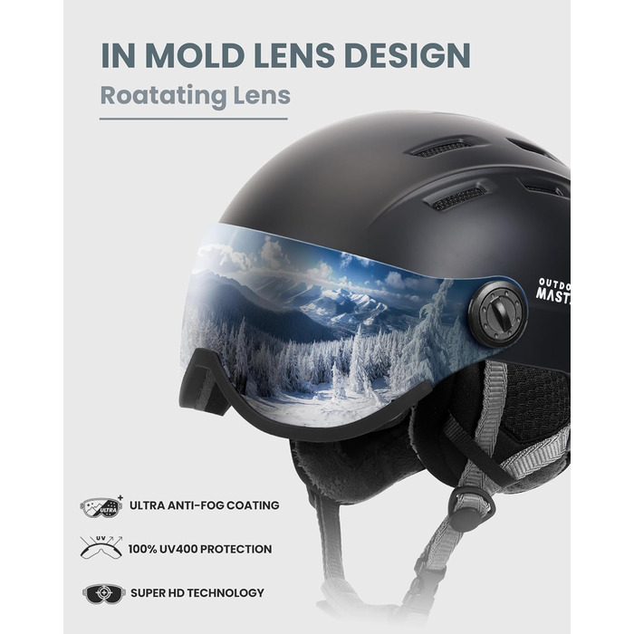 Шолом для сноубордингу та лижного спорту OutdoorMaster з маскою, захисний EPS-піна, 14 вентиляційних отворів, чорний, розмір M