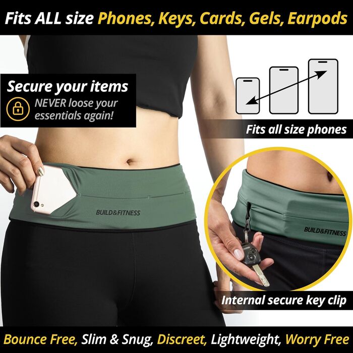 Поясна сумка для бігу Build & Fitness, Khaki: тримач для телефону, ключа, зручна та легка для жінок і чоловіків. Підходить для Samsung та iPhone.