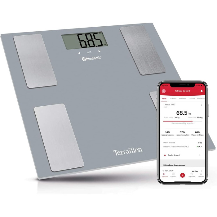Розумні ваги TERRAILLON SMART CONNECT з Bluetooth, аналіз маси тіла, жиру, ІМТ, до 8 користувачів, сірі