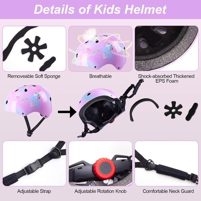 Дитячий шолом Unicorn Castle для дівчаток 3-8 років, комплект наколінників, рожевий