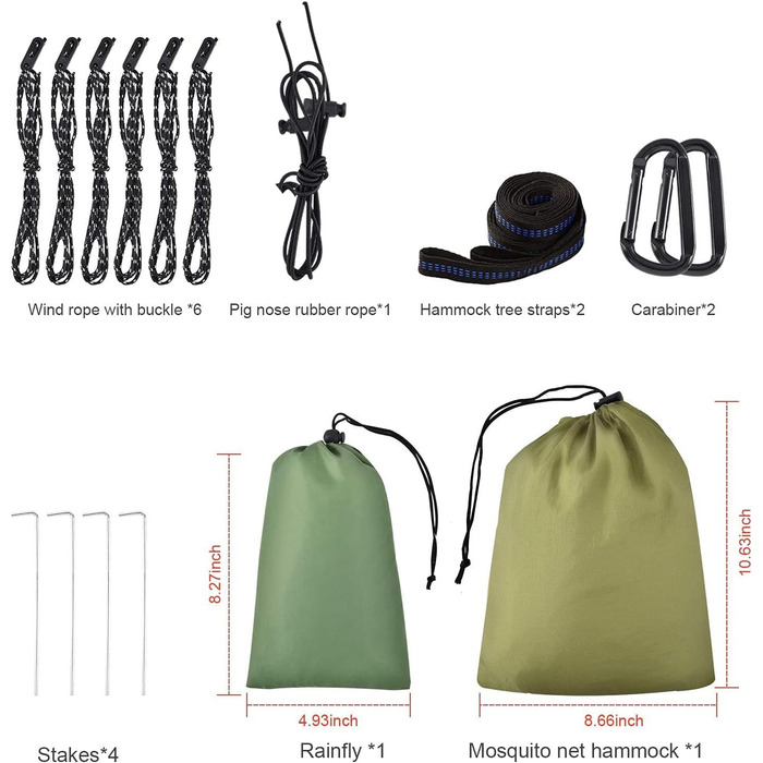 Гамак для кемпінгу з москітною сіткою та тентом від дощу, з ременями для кріплення до дерева. Великий гамак для одного або двох, парашутна модель. Підходить для походу, кемпінгу, відпочинку на природі. Армійний колір (армійний зелений).
