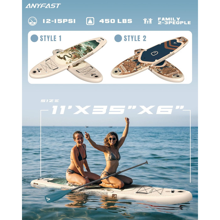 Надувне SUP-дошка для риболовлі Anyfast 335x88 см - Ultrastabil, з насосом, кріпленням для камери, ручкою для дітей, тросом, рюкзаком та аксесуарами 