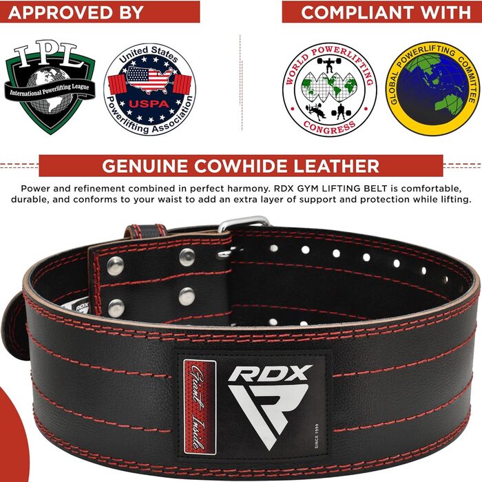 Шкіряний пояс для важкої атлетики RDX 4” з пряжкою, сертифікований IPL та USPA, 12 регулювань, 6 мм, для пауерліфтингу, бодібілдингу, чоловіків і жінок
