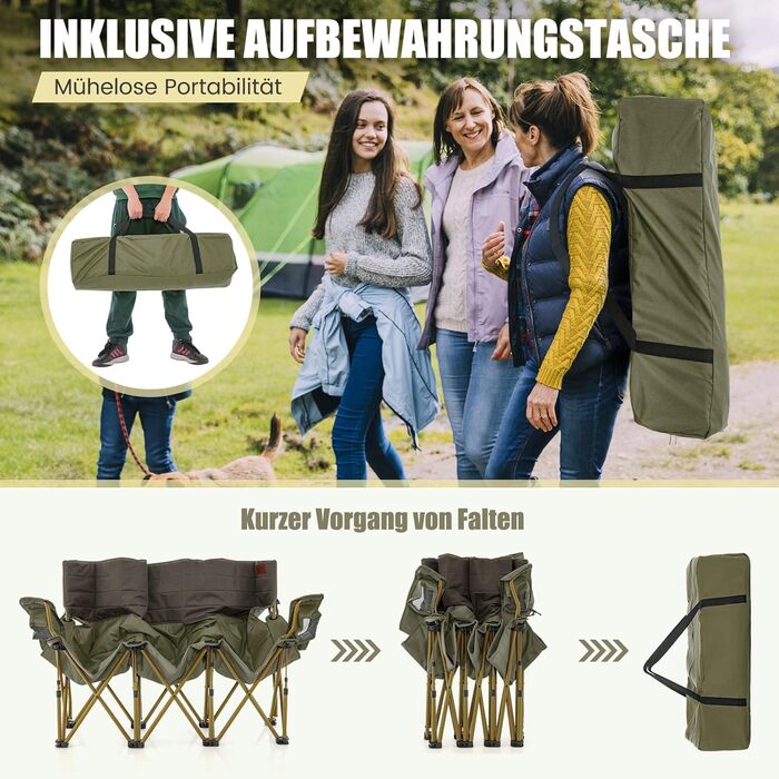 Крісло для кемпінгу Costway на 3 особи, розкладне, з м'яким сидінням, підстаканником та регульованими підлокітниками, вантажопідйомність 450 кг, для риболовлі та відпочинку на природі (зелене)
