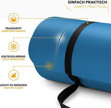 Гимнастичний килимок TRESKO для пілатесу та фітнесу, протиковзний, без фталатів, з ременем для перенесення, синій, 185x60x1.0 см