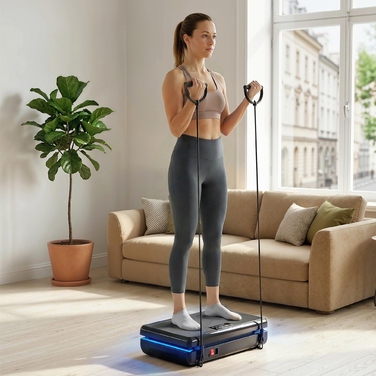 Віброплатформа з 120 рівнями інтенсивності, 5 програмами, LED-підсвіткою, гумовими амортизаторами та ременями опору