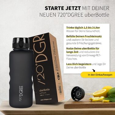 Спортивна пляшка 720°DGREE 'uberBottle' 1.5л з контейнером для фруктів - Tritan, BPA-Free, чорний Softtouch | Для фітнесу, занять спортом, подорожей