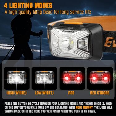 EverBrite LED налобний ліхтар: перезаряджуваний, водонепроникний, з червоним світлом, для кемпінгу, риболовлі та активного відпочинку. В комплекті USB-C кабель