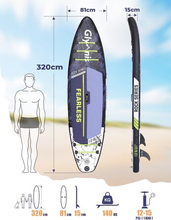 Надувний SUP Борд Glymnis 10'6' для Станд Ап Паддлінг (SUP) 320x81x15см з Алюмінієвим Веслом, Насосом та Аксесуарами
