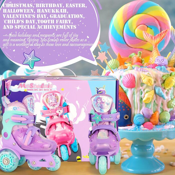 Дитячі ролики Kinder Rollschuhe для дівчаток та хлопчиків, Єдиноріг, Русалка, світлові колеса, 4 розміри, регульовані, для початківців, подарунок на Новий рік та день народження (XS(27~30), Русалка фіолетовий)