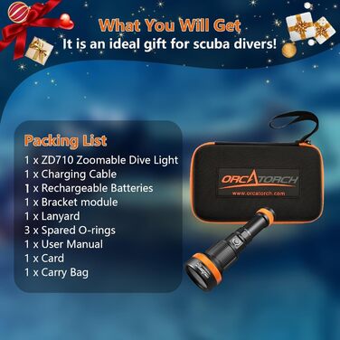 Ліхтар підводний ORCATORCH ZD710MK2 LED з регулюванням фокусу, 1500 люмен, 4 режими, 2-в-1 (прожектор та світло, що розливається), IP68, водонепроникність до 150м, акумулятор для дайвінгу, кемпінгу