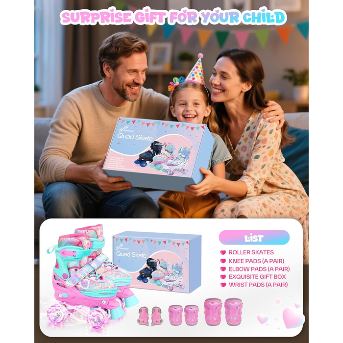 Дитячі ролики Sportneer з захистом, 8 світлових коліс, регульовані, для дівчаток, XS (26-29 EU), для дому та вулиці