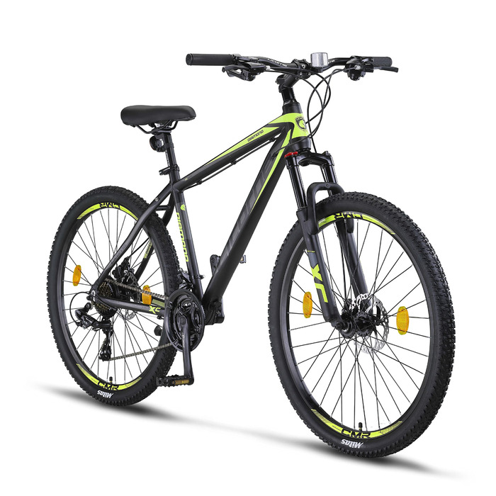 Гірський велосипед Licorne Bike Diamond Premium з алюмінієвою рамою, 21 швидкість, дискові гальма, регульована вилка, 27.5 дюймів, чорно-лаймовий