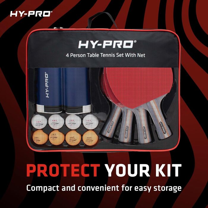 Набір для настільного тенісу Hy-Pro – портативний, з висувною сіткою (до 170 см), 4 ракетки, 8 м'ячів, сумка, м'ячі 3 зірки, для дітей та дорослих, для гри в приміщенні та на вулиці