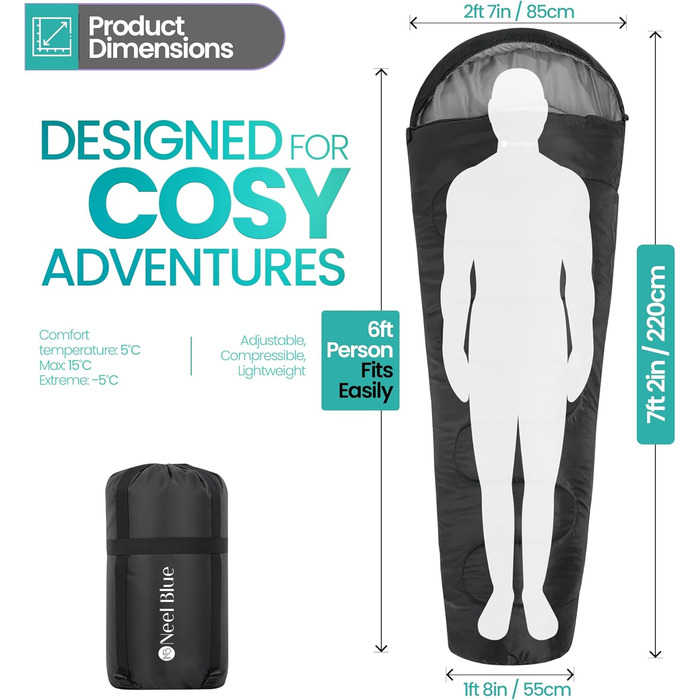 Спальний мішок Mumienschlafsack для дорослих - легкий, компактний, водонепроникний з капюшоном, 220x85 см. Підходить для кемпінгу, походів та подорожей (Чорний)
